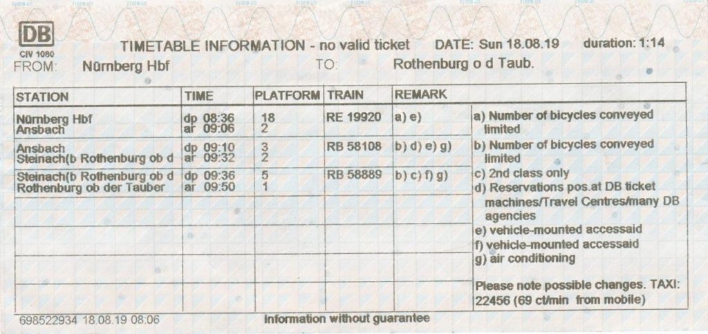 DB　時刻表：行き：ニュルンベルクからローテンブルク